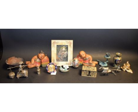 Oriental - Chinese items, brass water carrier, etc; bronze verdigris candlestick; carvings; a cloisonné carriage timepiece; o