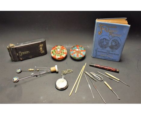 A fountain pen, 14ct gold nib; two millefiori glass paperweights; hat pins; button hooks; a Smith's chrome pocket watch; a Ko