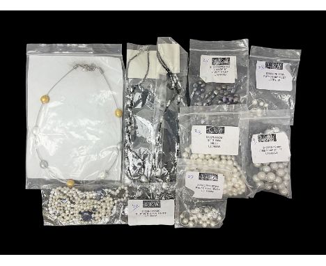 Fresh water pearl jewellery, including silver chain bracelet and necklace, and seven other necklaces, including agate example