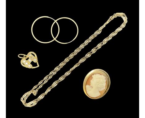 18ct gold H heart pendant, and 9ct gold jewellery including hoop earrings, chain and a cameo brooch Condition Report:18ct 1.4