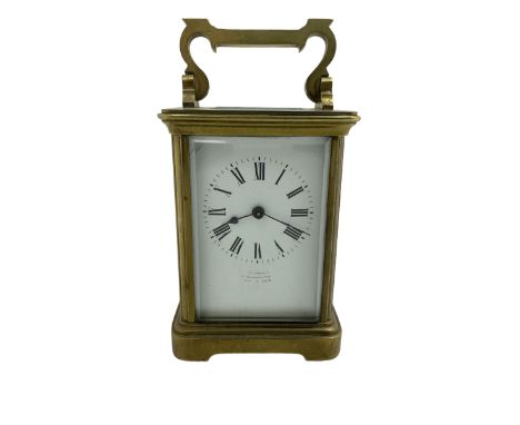 French - late 19th century 8-day carriage clock, in an Anglaise case with a rectangular glass panel to the top, enamel dial w