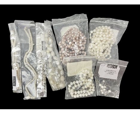 Fresh water pearl jewellery, including chain bracelet and seven necklaces, including pink example and some with silver clasps