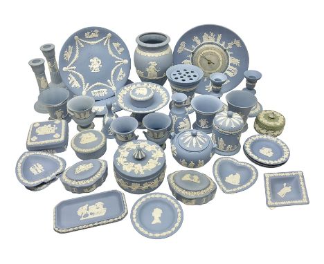 Large collection of Wedgwood Jasperware, including large vase, two pairs of candlesticks, covered sucrier etc 