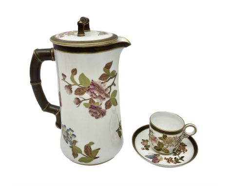 Royal Worcester coffee pot, coffee cup and saucer, all decorated with floral sprigs and butterflies, the coffee pot with a ba
