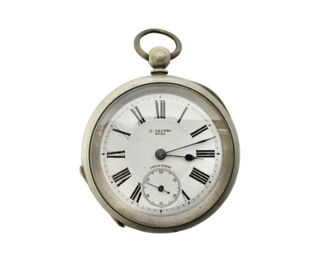 White metal pocket watch, the enamel dial with Roman numerals and blued-steel hands, inscribed R Jacobs Hull, Swiss Made, wit