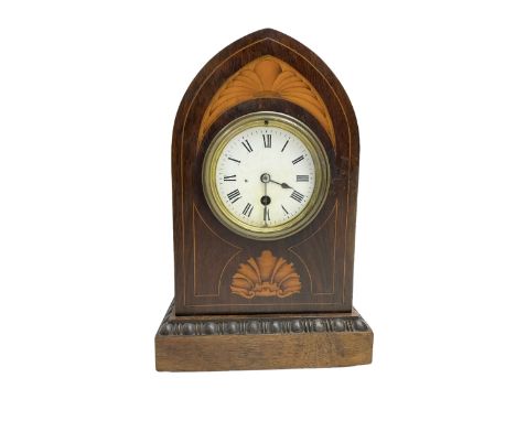 Edwardian - 8-day Rosewood veneered Lancet shaped mantle clock with contrasting inlay and satinwood stringing,  white enamel 
