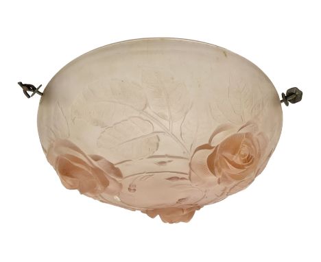 1930s pink frosted glass ceiling light shade, decorated with roses, D