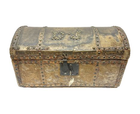 19th century pony skin dome top trunk with metal studded detail, the inside paper label inscribed 'Arabella Brown Trunk, Chef