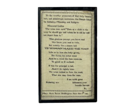 19th century text sampler, worked in black thread by Mary Ann Baron, of Bridlington, June the 8th 1821, 'To the Worthy promot