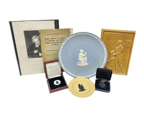 Group of William Wilberforce Abolition of Slavery items, comprising Wedgwood black on cane Jasperware pin tray, Wedgwood ligh