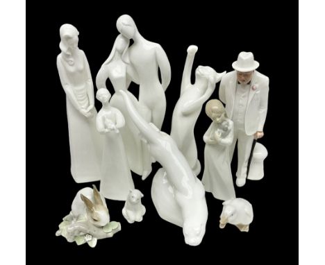 Six Royal Doulton figures, including Sir Winston Churchill HN3057, Peace HN2470, Lovers HN2762 etc, together with Lladro rabb