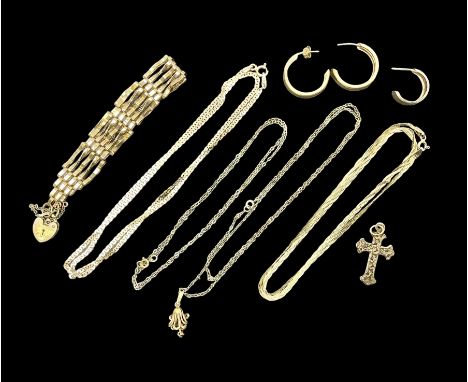 9ct gold jewellery, including gate bracelet, cross pendant, hoop earrings, two chain necklaces and a sapphire pendant necklac