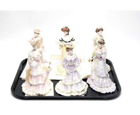 A collection of Coalport Golden Age decorative ceramic figures of ladies, including: ‘Louise at Ascot’; ‘Eugenie’; ‘Charlotte