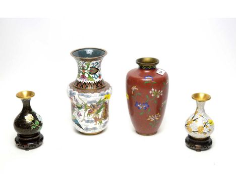 A selection of Chinese cloisonné enamel vases, including: Dragon motif vase, 20.5cms high; and three others, two with accompa