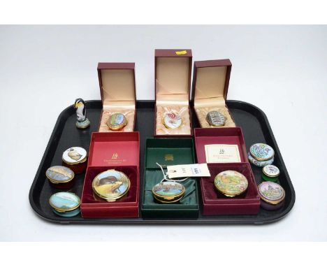 A collection of Staffordshire Enamels pill boxes, including: House of Commons Staffordshire Enamels pill box, in box; The Cou