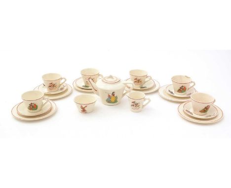 Walt Disney Productions: a ceramic six-place dolls tea service, showing various Disney characters, teapot 8cms high.