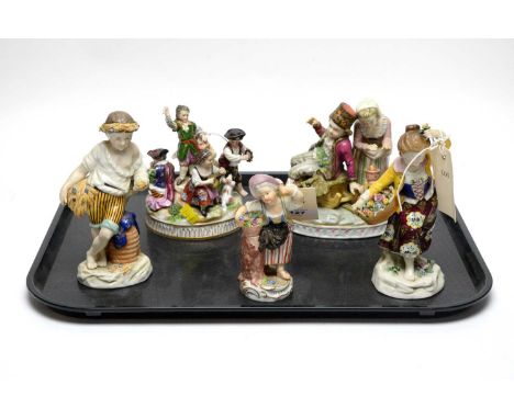 A selection of Continental porcelain figures, including: Dresden style figure group, 15cms high; three various figures of chi