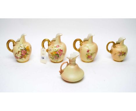 A collection of Royal Worcester blush ivory jugs, compromising: three floral decorated jugs, shape 1094, 14cms high; similar 