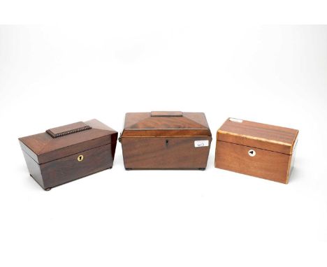 A collection of 19th Century and later tea caddies, including: two Victorian sarcophagus tea caddies; and another tea caddy. 