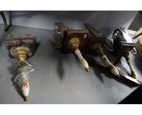 A collection of four vintage 20th Century brass and ceramic beer pumps, comprising Tadcaster brewery and more, includes hunti