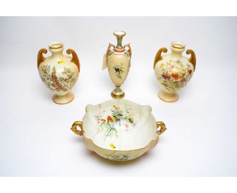 A Royal Worcester blush ivory twin handled urn vase, handpainted with flowers, shape 1839, RD 267452, 26.5cms high; together 