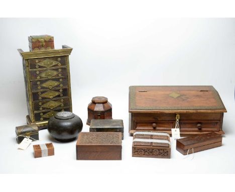 A collection of Eastern brass bound and other boxes, including: Indian miniature table top chest, fitted with six drawers, 38
