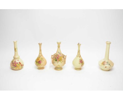 A collection of Royal Worcester floral decorated blush ivory solifleur vases, various patterns and shapes, the tallest 17.5cm