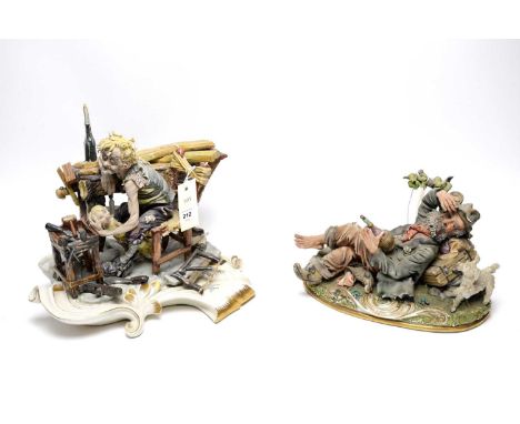 A Capodimonte ‘Nascita di Pinocchio’ ceramic figure group, 27cms high; together with another Capodimonte figure. (2)