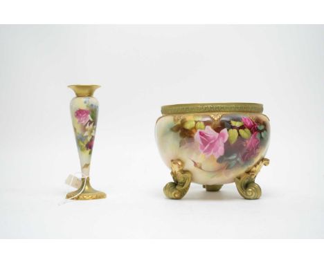 A Royal Worcester jardiniere or cachepot, handpainted with roses, signed W. Jarman, raised on three scrolling feet, 17cms dia