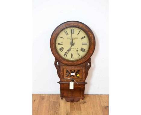 Dickinson & Son of Lincoln, a late Victorian inlaid mahogany wall clock, with white enamel roman dial, comes with pendulum, 4