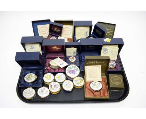 A collection of boxed Crummles English Enamels pill boxes, including floral and animal decorated enamel pill boxes; together 