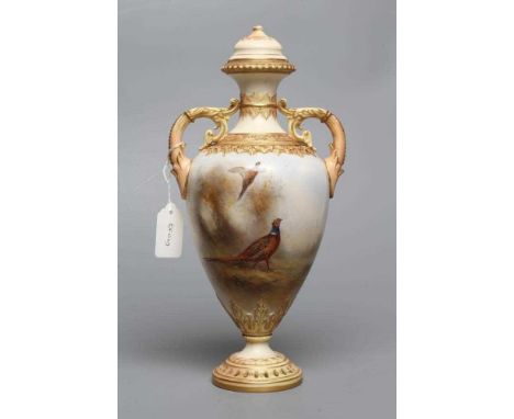 A ROYAL WORCESTER CHINA VASE AND COVER, 1897, of rounded conical form with moulded shoulders and two acanthus leaf sheathed h