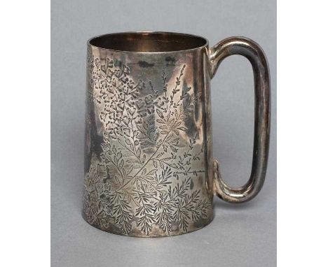 A LATE VICTORIAN SILVER MUG, maker Harry Atkin, London 1892, of plain tapering form with hollow D handle, bright cut engraved