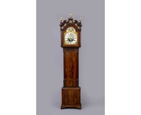 A MAHOGANY LONGCASE SIGNED RALPH CLAYTON, MARPLE, the eight day movement with anchor escapement striking on a bell, 13" arche