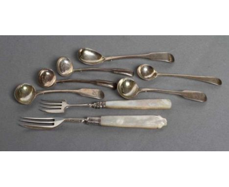 A PAIR OF GEORGE III SILVER SALT SPOONS, maker Joseph Taylor, Birmingham 1816, in Fiddle pattern, together with a pair of sim