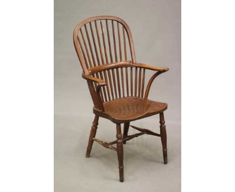 AN ASH AND ELM STICK BACK WINDSOR ARMCHAIR, Thames Valley, 19th century, with high hoop back, stepped bow rail with scrolled 