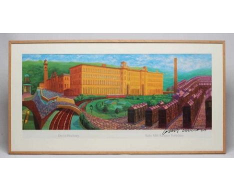 Y DAVID HOCKNEY RA (b.1937) "Salts Mill Saltaire", lithographic poster, signed, 17 1/4" x 38 3/4", blond wood frame (subject 