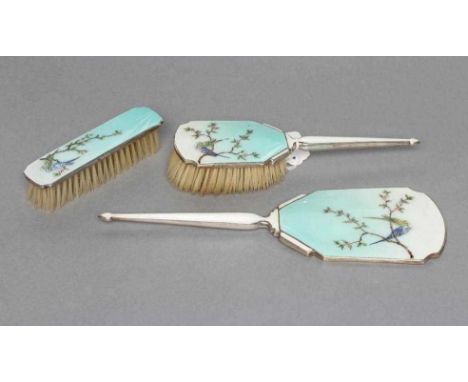 A THREE PIECE SILVER AND ENAMEL DRESSING TABLE SET, maker Charles S. Green &amp; Co. Ltd, Birmingham 1954 (clothes brush) and