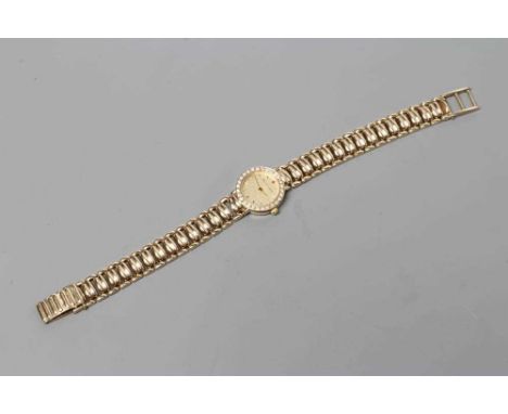 A LADY'S 9CT GOLD BEUCHE GIROD WRISTWATCH, the matt gilt dial with applied batons, within plain bezel set with numerous small