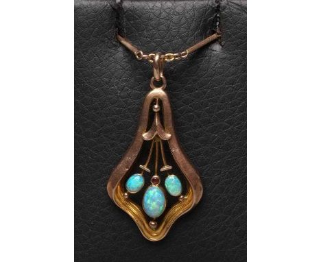 A MURRLE BENNETT PENDANT of shaped open form centred by three open back collet set oval cabochon opals, stamped MB &amp; Co.,