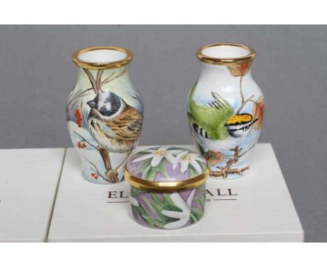 AN ELLIOT HALL ENAMEL VASE, 2009, painted by M. Cooke with small birds in a winter landscape, 2" high, with certificate, toge