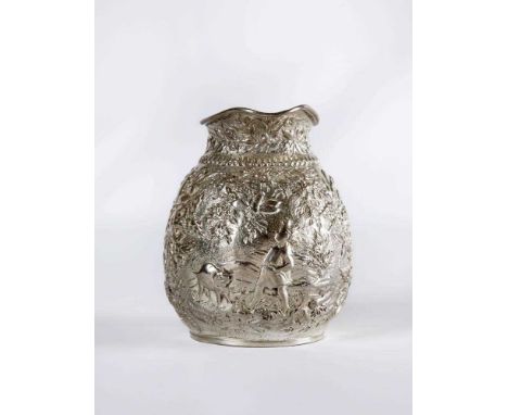 AN AMERICAN SILVER JUG, maker S. Kirk &amp; Son, 1861-1868, of bombe cylindrical form, chased and repousse with a young girl 