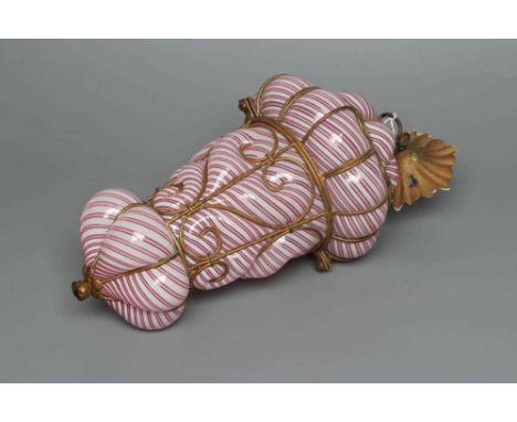 A VICTORIAN HANGING LANTERN, the wirework frame with a custom blown pink and white candy stripe shade, approximately 15" high