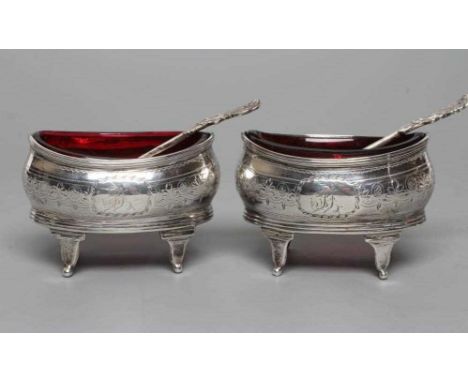 A PAIR OF LATE GEORGE III SILVER SALTS, maker Crespin Fuller, London 1808, of bombe oval form raised upon four out turned sup