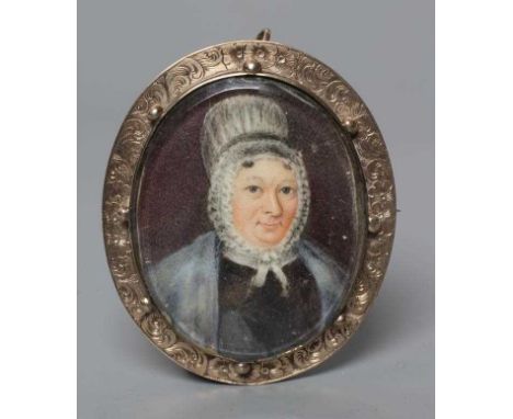 ENGLISH SCHOOL (19th century) Portrait of a Woman in a lace bonnet, oval miniature on ivory with hair plait to reverse, unsig