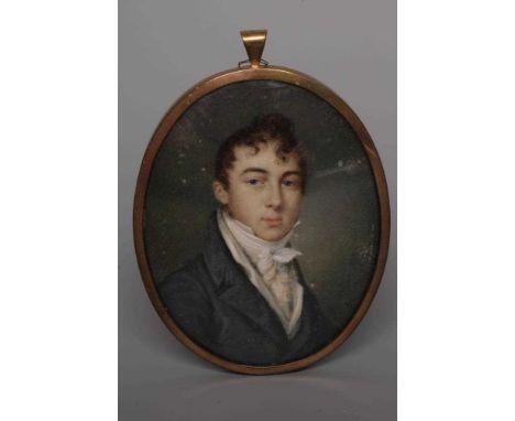 JEAN FRANCOIS M. HUET-VILLIERS (1772-1830) A Gentleman in a grey frock coat and necktie, oval miniature on ivory, signed, ins