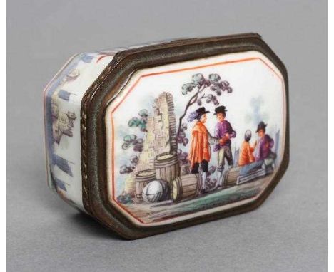 A GERMAN PORCELAIN SNUFF BOX, late 18th century, of canted oblong form, painted in polychrome enamels with merchant shipping 