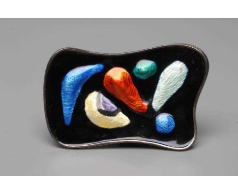 A NORWEGIAN STERLING SILVER AND ENAMEL BROOCH designed by Oystry Balle, of shaped oblong form with bright blue, red, yellow, 