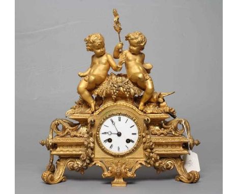 A FRENCH ORMOLU MANTEL CLOCK, 19th century, the twin barrel movement with anchor escapement and outside count wheel striking 
