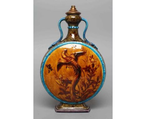 A THEODORE DECK MAJOLICA MOON FLASK, late 19th century, with garlic neck and two scroll handles with fleur-de-lys terminals, 